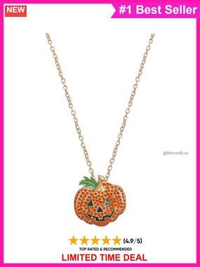 Halloween Pumpkin Pendant Necklace Rhinestone Pave Cable Chain Gift